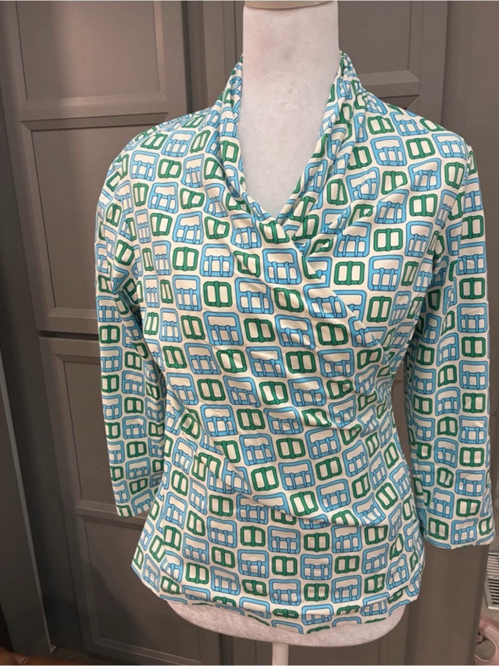 J. McLaughlin Green & Blue Geometric Cowl Neck Blouse